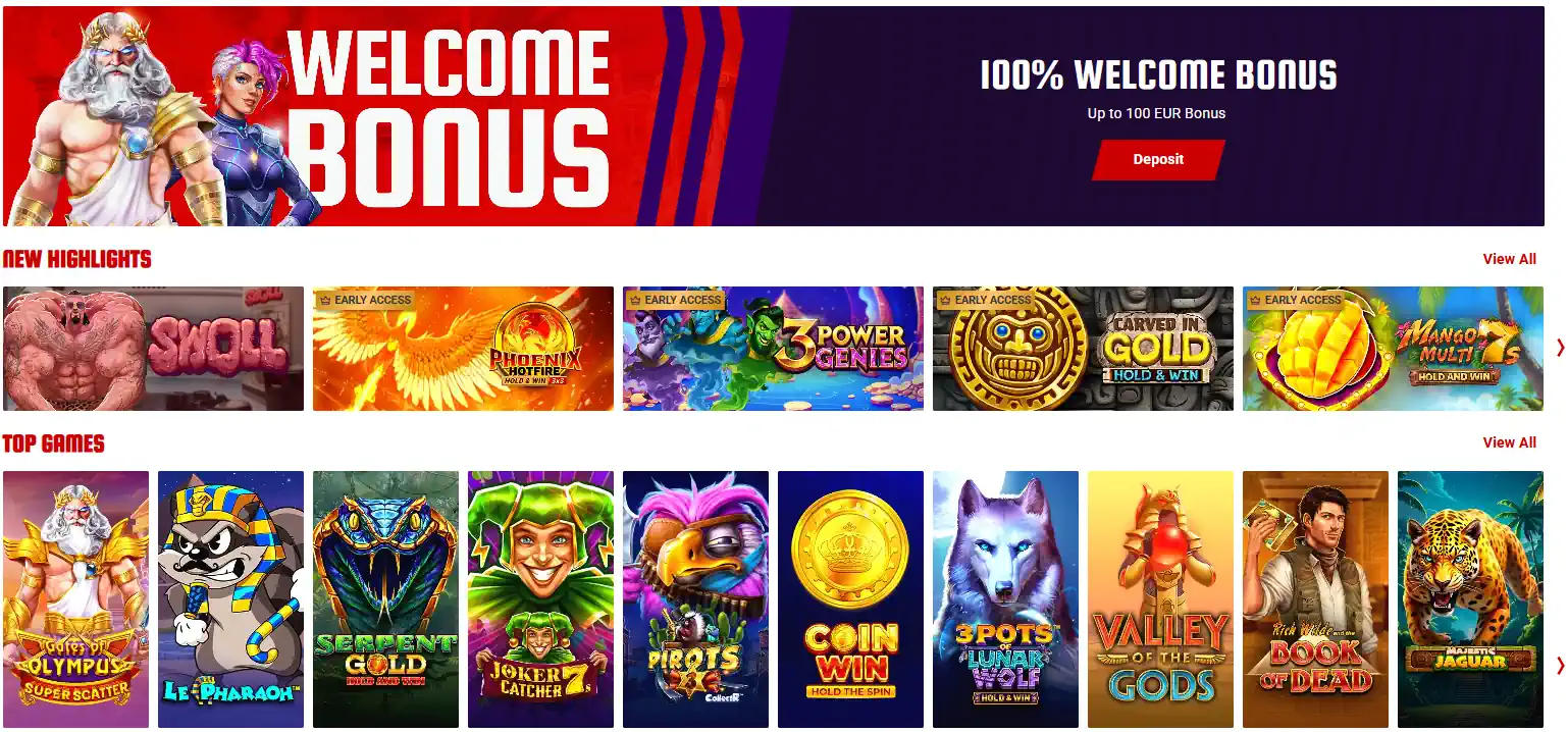 55Bet welcome bonus banner and featured casino slots.