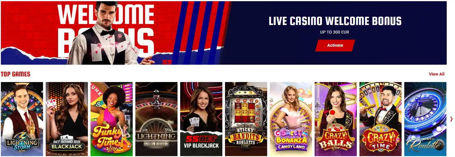 55Bet live casino welcome promotion and dealer games.